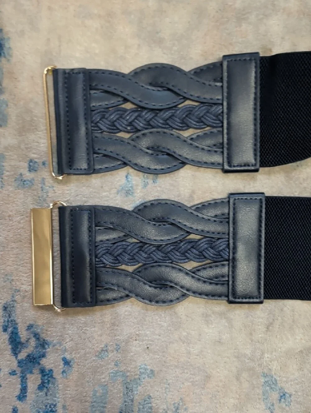 Navy Blue Elastic Braided Leather Wide Cinch Belt W/ Gold Accents 28